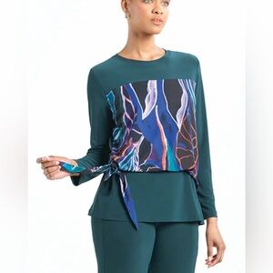 Clara Sun Woo Blouson Overlay Side Tie Top Petal Sketch Hunter Green Sz XS